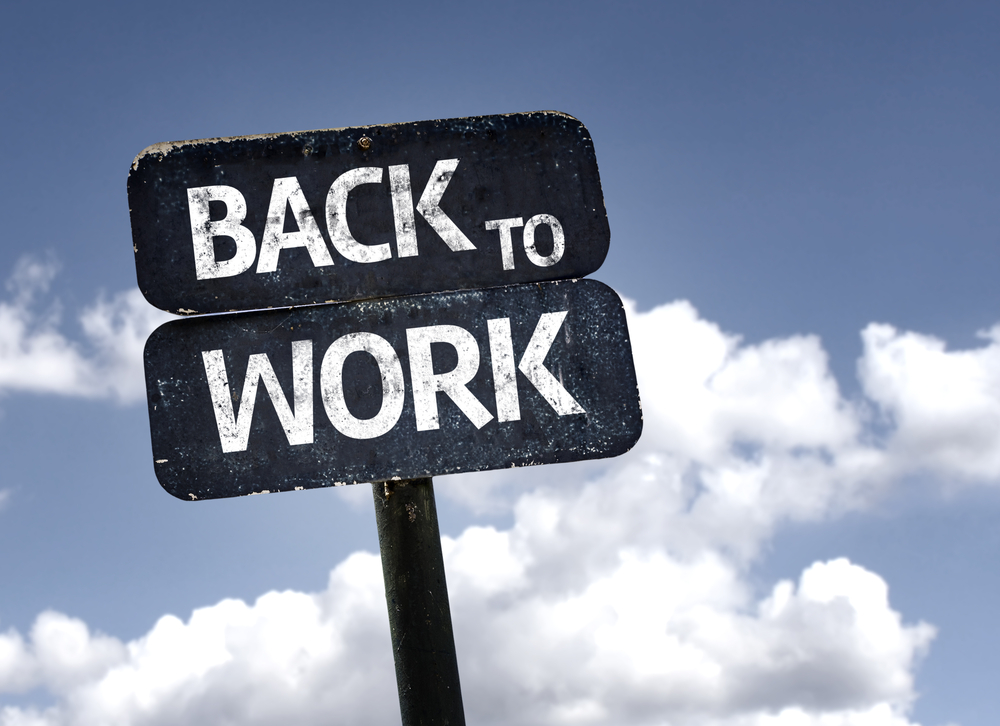 Back to Work sign with clouds and sky background